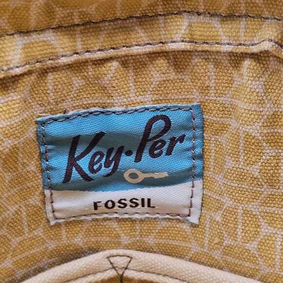 Fossil Key-per Shoulder Bag Boho Yellow Purse Vintage Leather Canvas Trim Tote - Picture 5 of 8